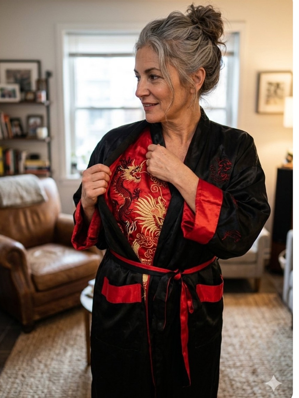Silk-Feel Black and Red Embroidered Robe with Dragon Detail